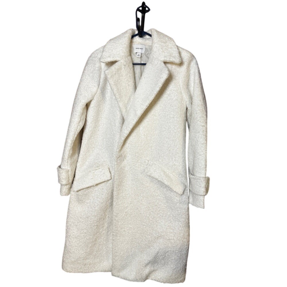 Nine West Boucle Longline Coat XS Cream White Double Breasted Notched Lapel